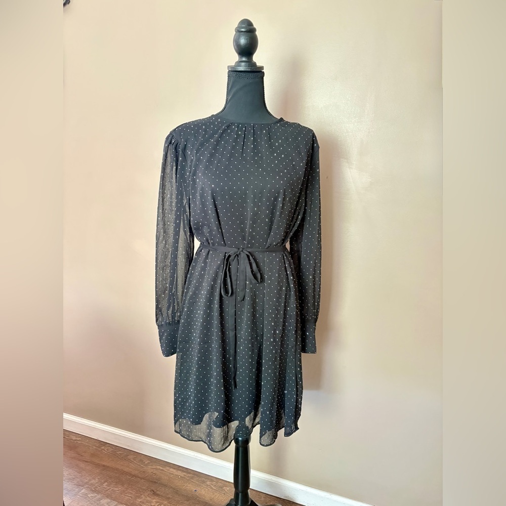ANN TAYLOR dress black silver dots chiffon long sheer sleeves sz 6 NWT office
